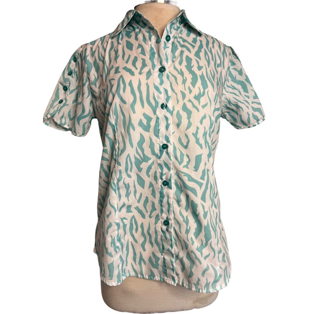 American Sweetheart by Adrian Delafield Blouse M Short sleeve button up animal p - Picture 2 of 14